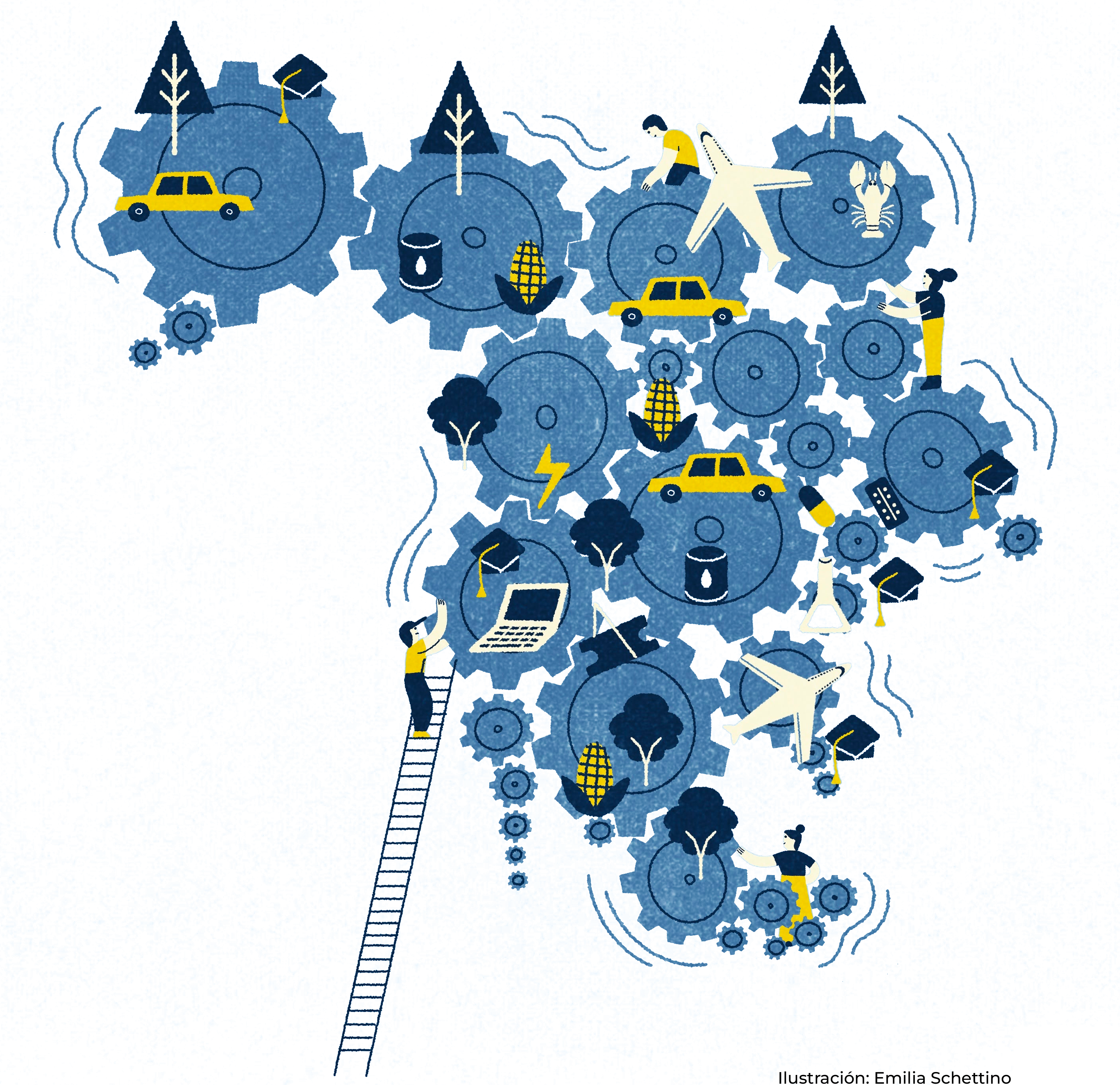 Illustration of interlocking gears shaped like Mexico, representing North American economic integration